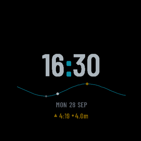 Tide 4a always-on screen: time, tide curve outline, next high water