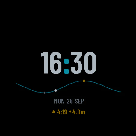 Tide 4a always-on screen: time, tide curve outline, next high water