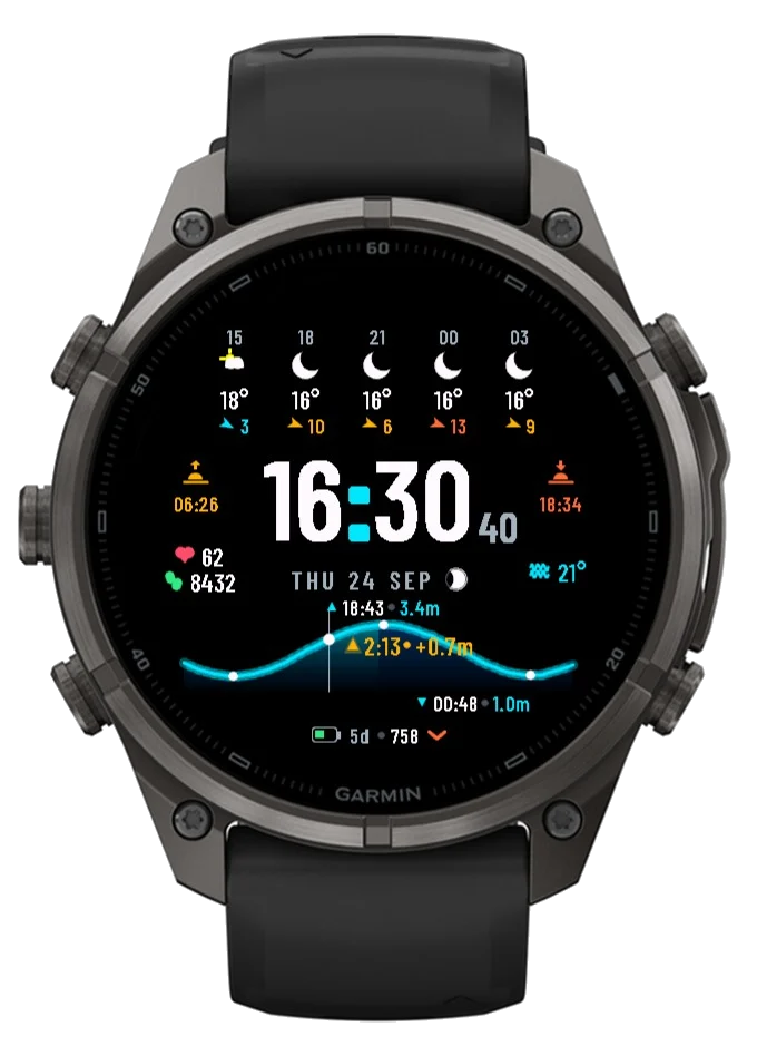 Tide 4a on an AMOLED Garmin watch: time, tide curve, weather forecast and sea temperature